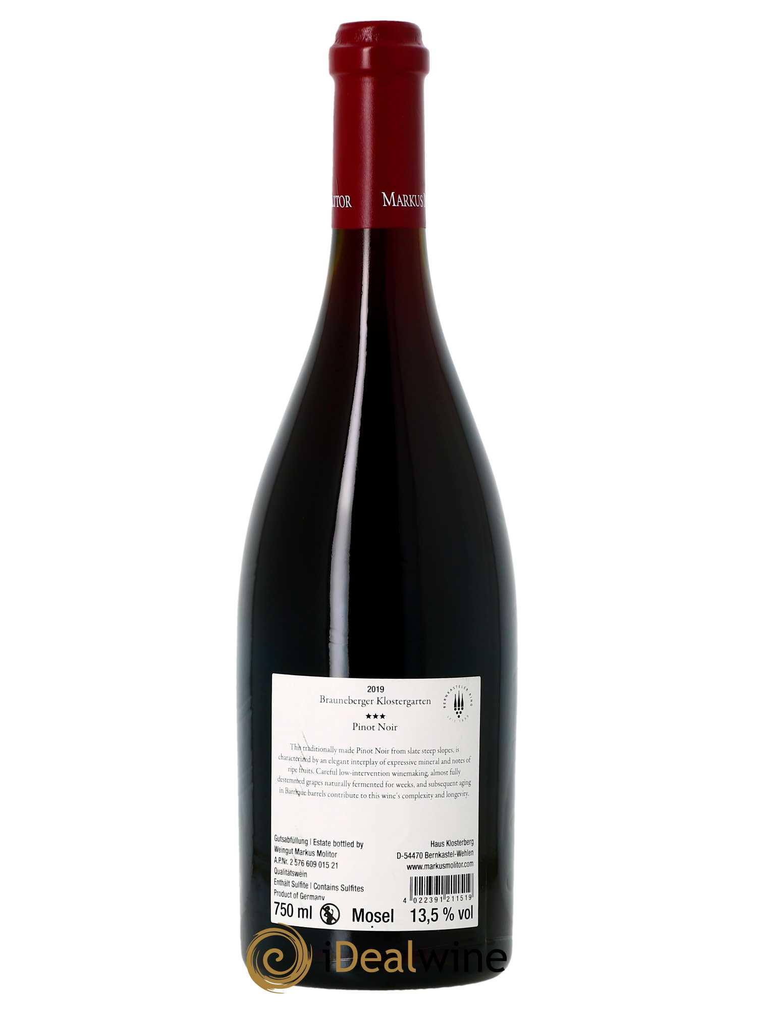 Pinot Noir Markus Molitor Brauneberger Klostergarten °°°  2019 - Lot de 1 Bouteille