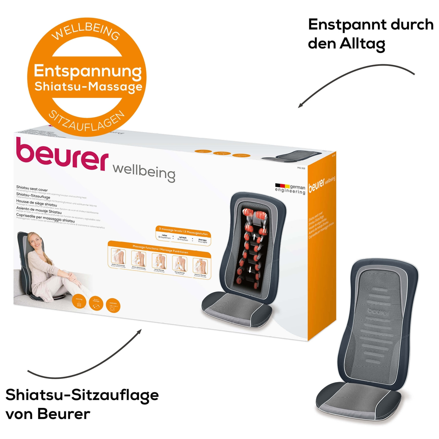 Beurer MG 315 Shiatsu Sitzauflage-Massagesitzauflage für tiefenwirksame Shiatsu, Rolling und Swing Massage