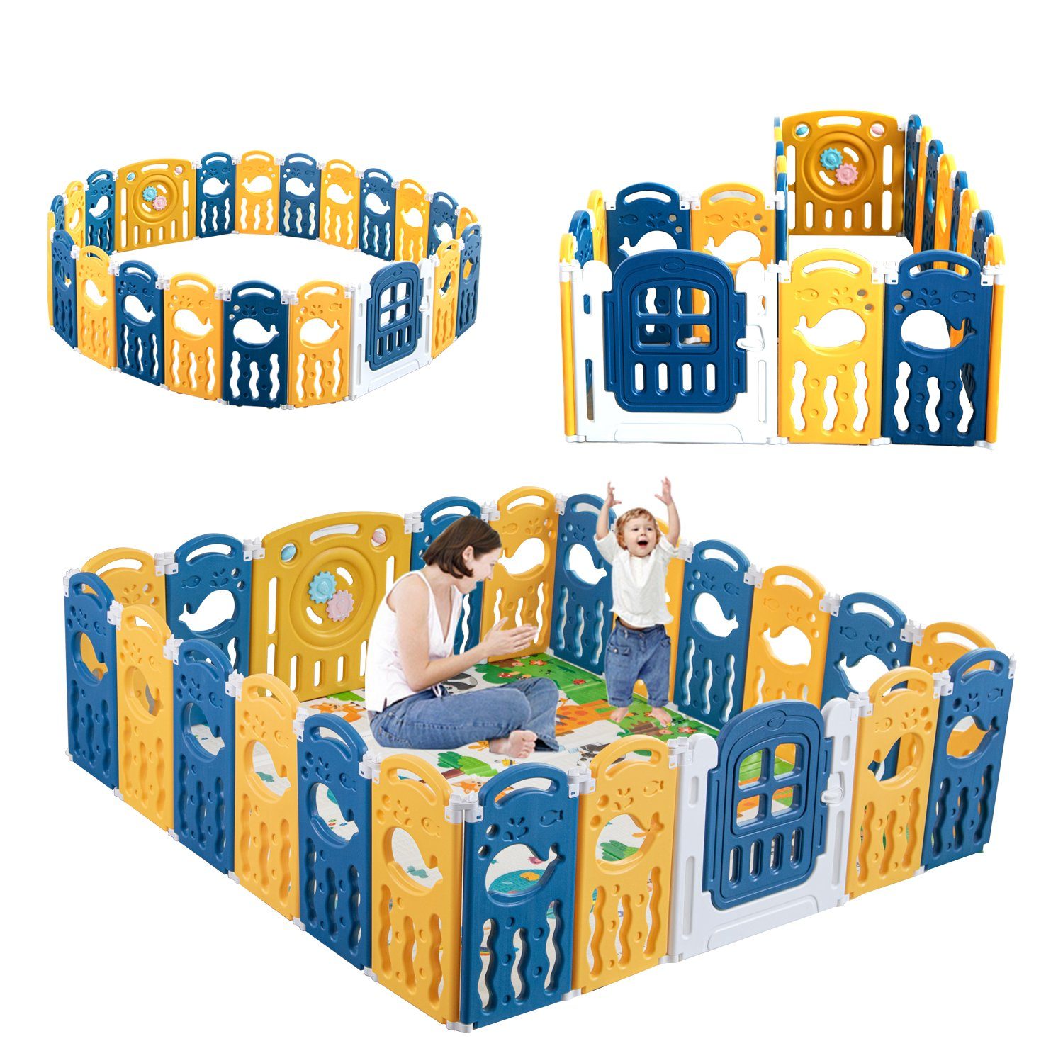 IKIDO Laufgitter Laufstall Baby Laufgitter (faltbar Absperrgitter mit Rutschfester Basis Krabbelgitter mit Tür), Spielplatz, mit Schloss, HDPE Material, freie Kombination