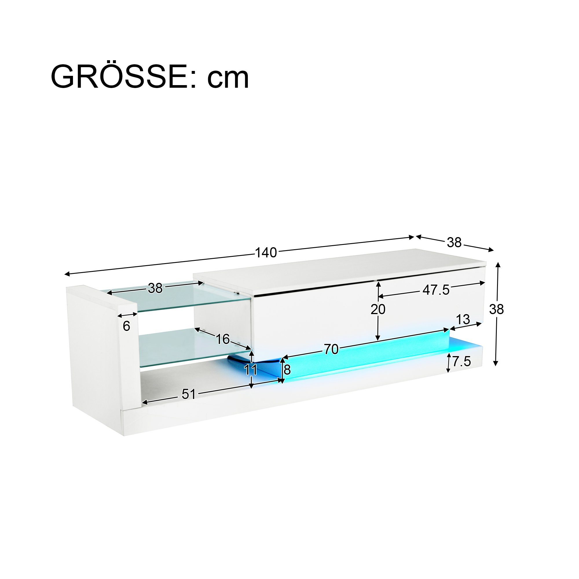 OKWISH TV-Schrank TV-Schrank hochglanz mit Klapptüren (Breite:140cm) TV-Schrank, mit Glasablagen und LED-Beleuchtung
