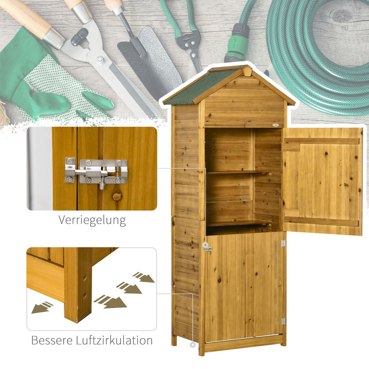Outsunny Holz Gerätehaus Geräteschrank Gartenschrank 2 Regale wetterfest 2 Türen