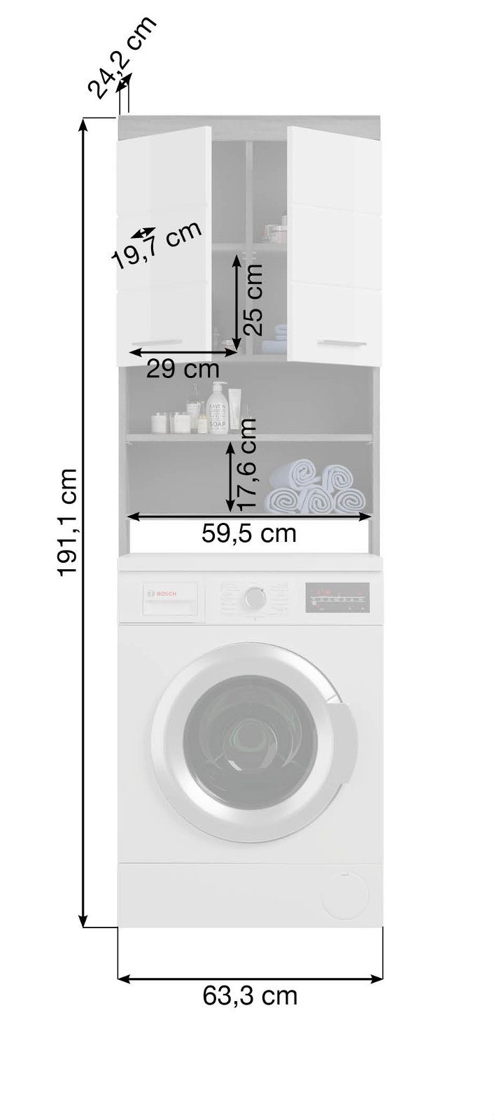 xonox.home Waschmaschinenumbauschrank Scout (Waschmaschinenschrank weiß und grau Rauchsilber, für Geräte 60 cm) Hochglanz, mit Stauraum