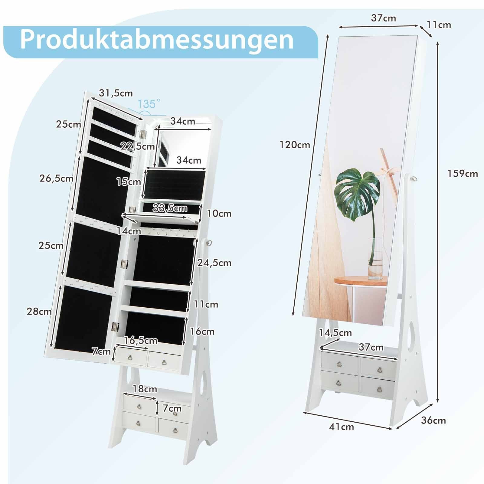 COSTWAY Schmuckschrank stehend, mit Spiegel, LED & Schubladen, weiß, 159cm