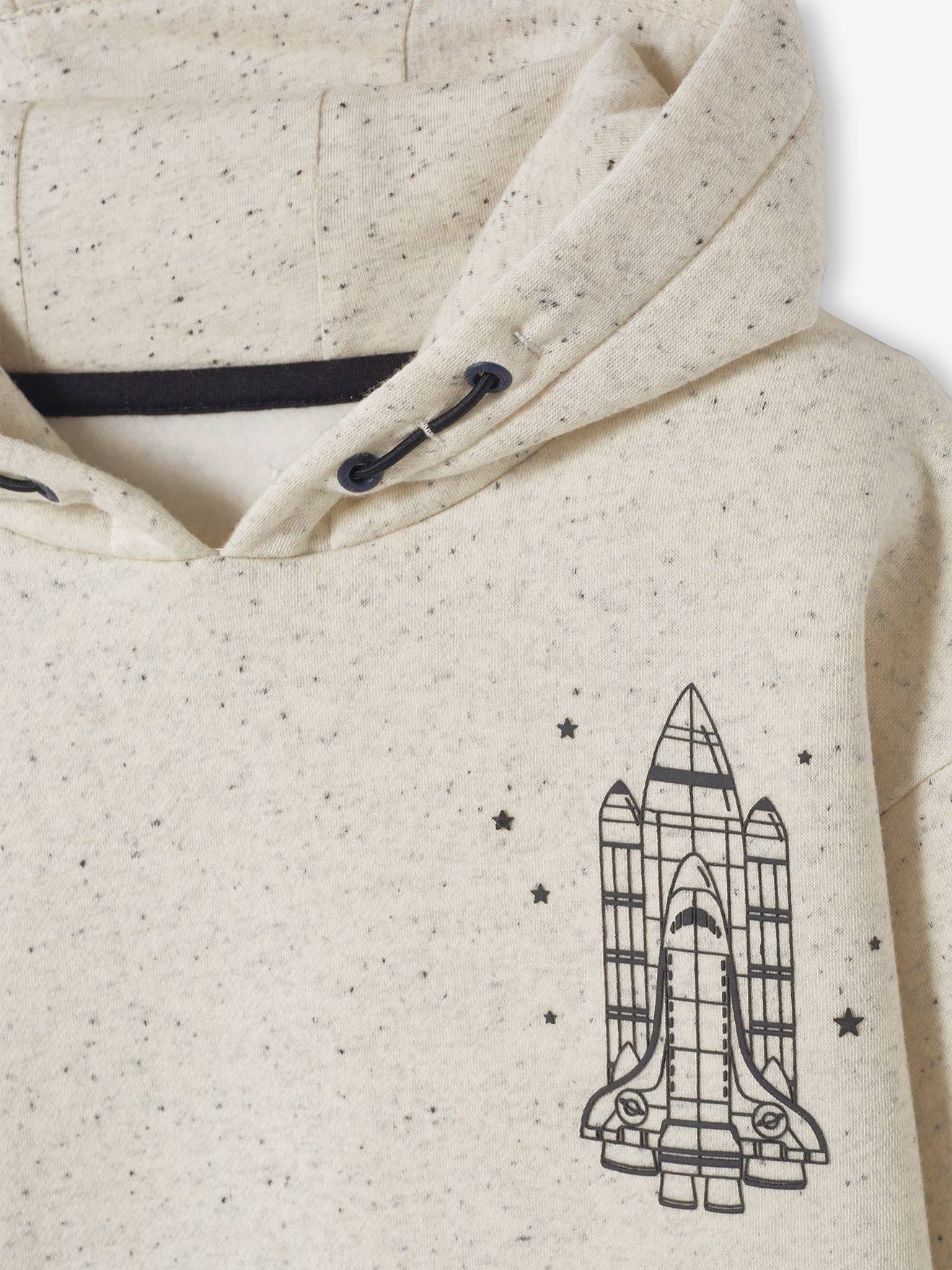 Sweat à capuche motif navette spaciale garçon en molleton effet moucheté ecru