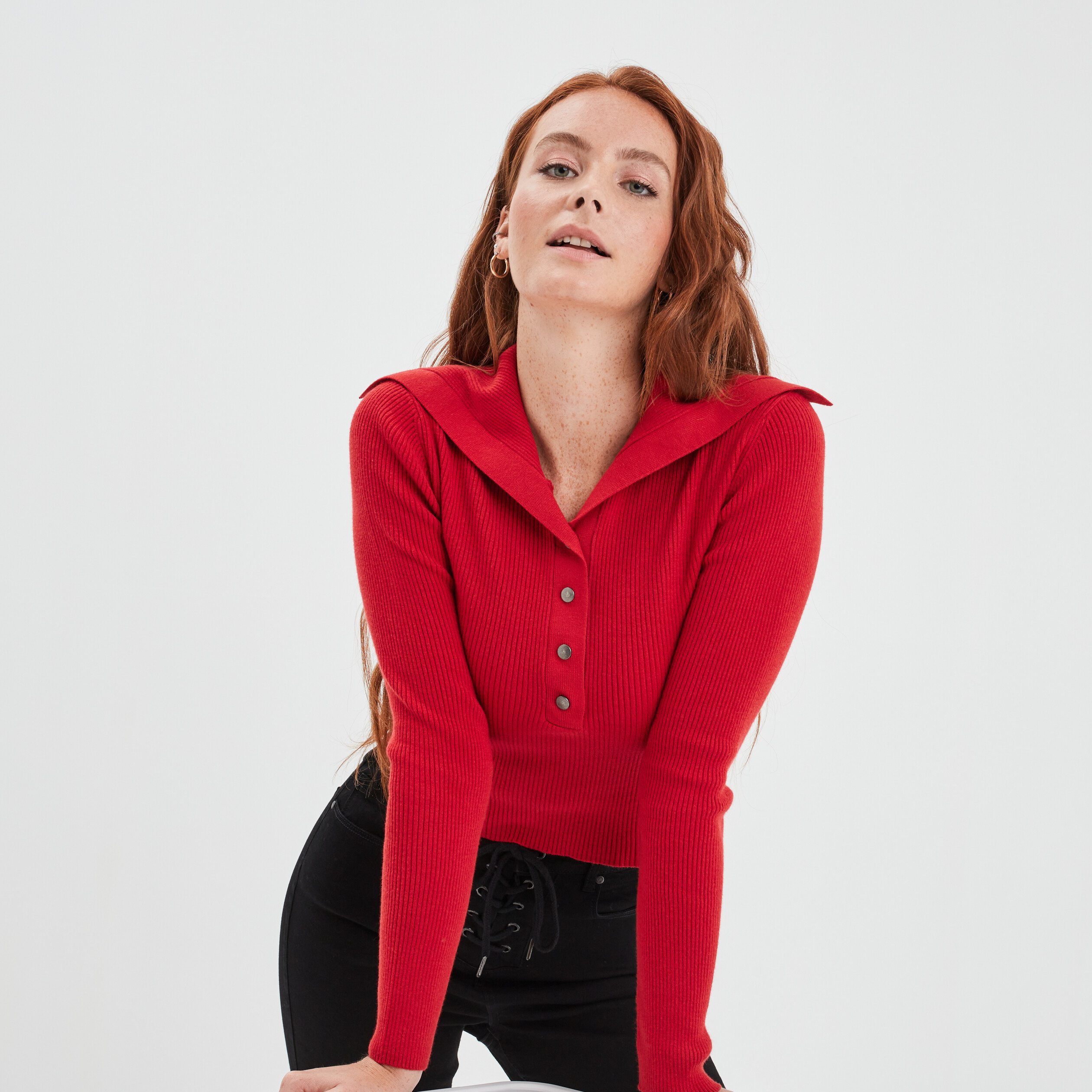 Pull col camionneur boutonné Liberto rouge foncé femme | La Halle
