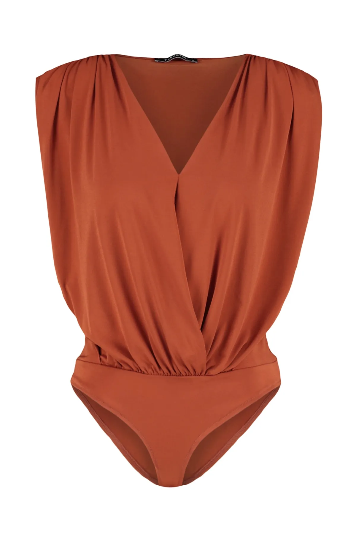 Trendyol Collection  Zimtfarbener, gepolsterter, zweireihiger Kragen, flexibler Strickbody mit Druckknöpfen TWOSS23BD00007