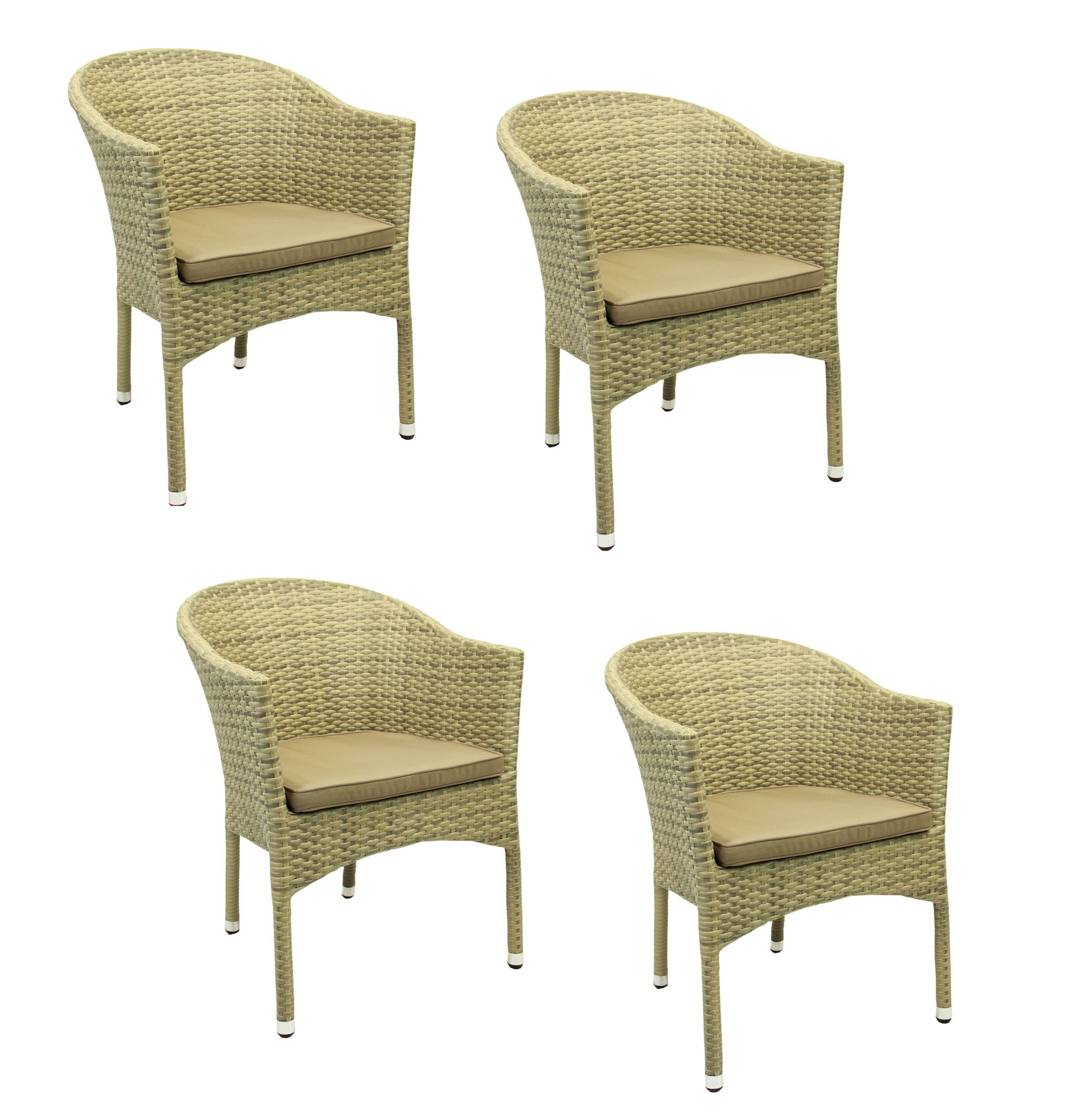 Konway Stapelstuhl LUGANO (4 St), 4x KONWAY® LUGANO Stapelsessel Elfenbein + Kissen Polyrattan Sessel