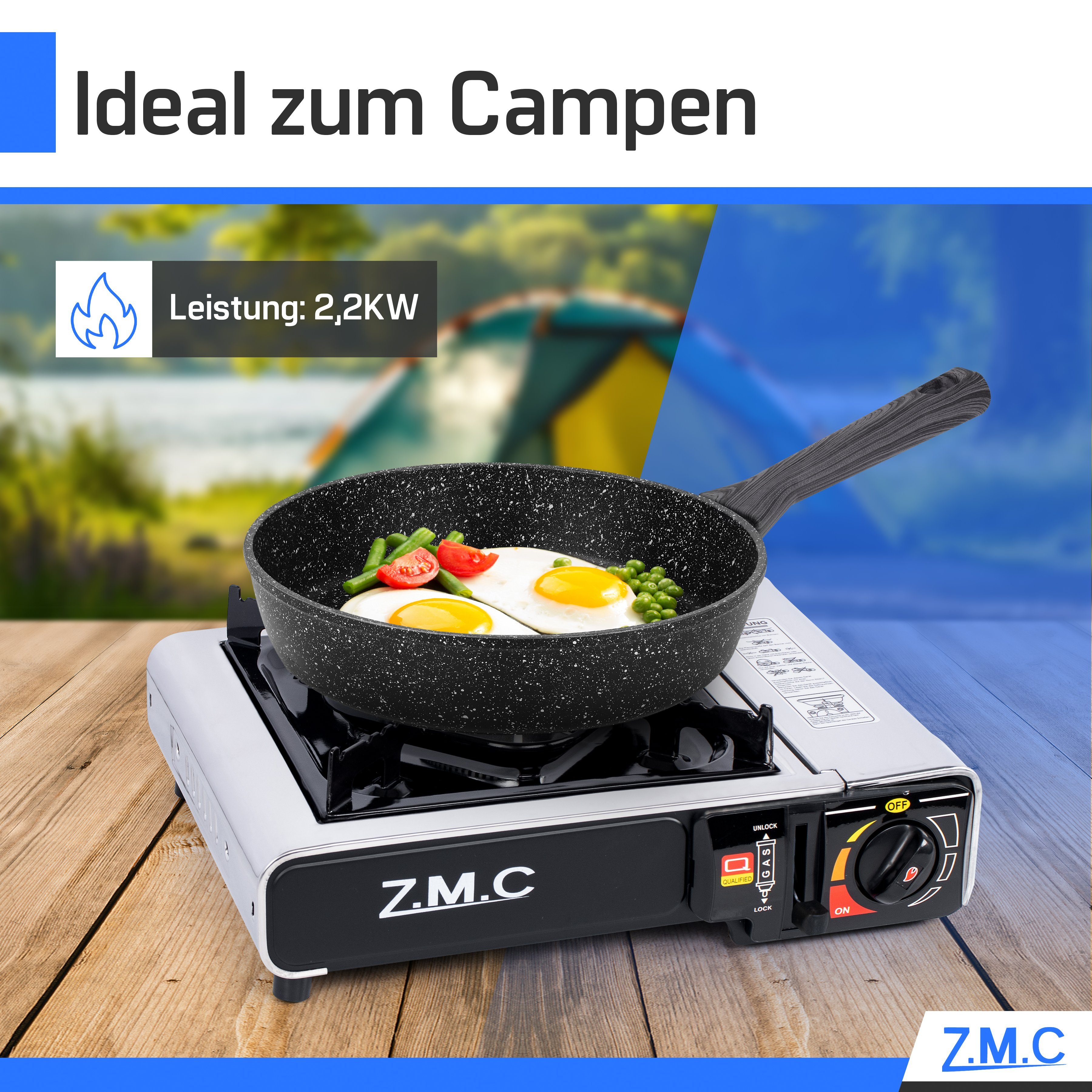 ZMC Gaskocher Edelstahl Gaskocher 1-flammig + Aufbewahrungskoffer + 4x Gaskartuschen, (Butangas Campingkocher für Innenraum/Outdoor, Campinggaskocher 2,2 kW mit Piezozündung), Kochfeld Herd Gaskocher mit Kartusche, Gaskochfeld für Camping
