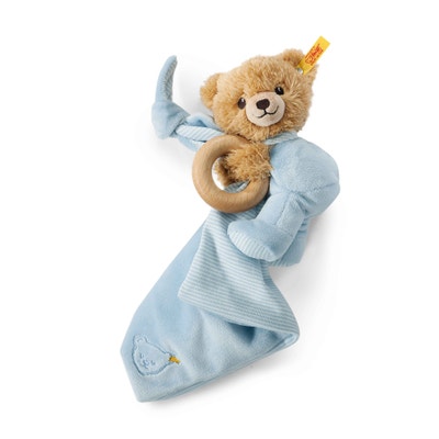 Schlaf-gut-Bär 3 in 1 mit Rassel, 16 cm, hellblau