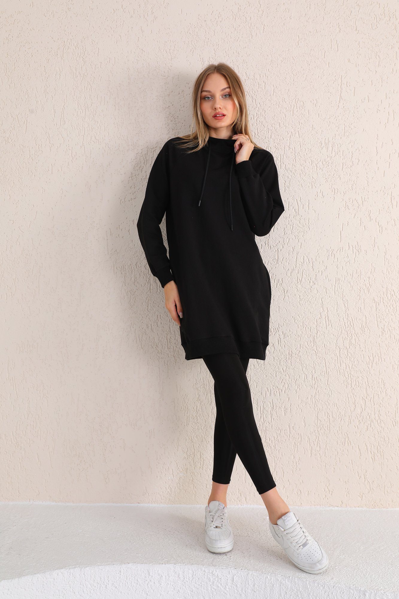 Bongual Sweatkleid Fleece Longpullover mit Kapuze