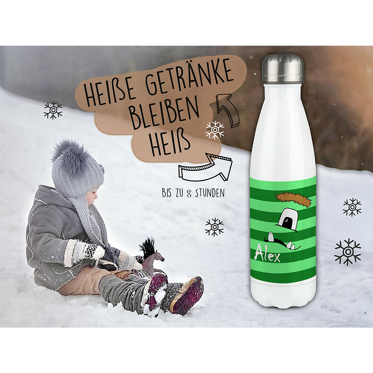 Edelstahl Kinder Thermoflasche / Trinkflasche bunt Monster Streifen Farbe grün Spülmaschinenfest, Auslaufsicher, Bruchfest, Doppelwandig, Für Heißgetränke geeignet, Mit Deckel, Isoliert