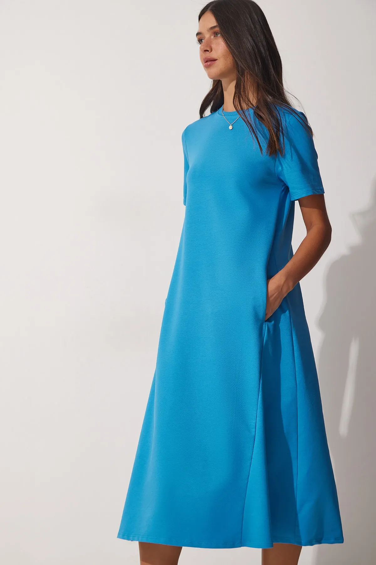 Happiness İstanbul  Blaues A-Linien-Sommerkleid für Damen aus gekämmter Baumwolle UB00060