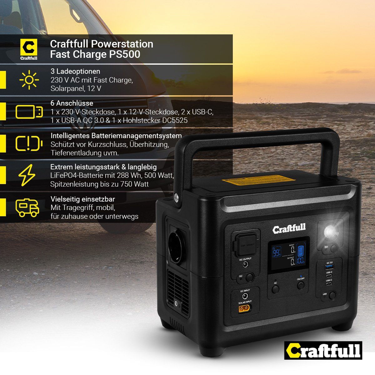 Craftfull Powerstation Schnelllade-Powerstation Fast Charge PS500 Powerstation 3 Jahre Garantie - Stromerzeuger - Powerbank - Stromgenerator 18000 mAh (230 V, 1 St), Tragbarer Akku - mobile Stromversorgung - Camping Generator