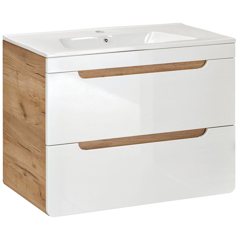 Lomadox Badmöbel-Set LUTON-56, (7-St), weiß mit Wotan Eiche Nb. mit LED-Spiegelschrank 130/200/46 cm