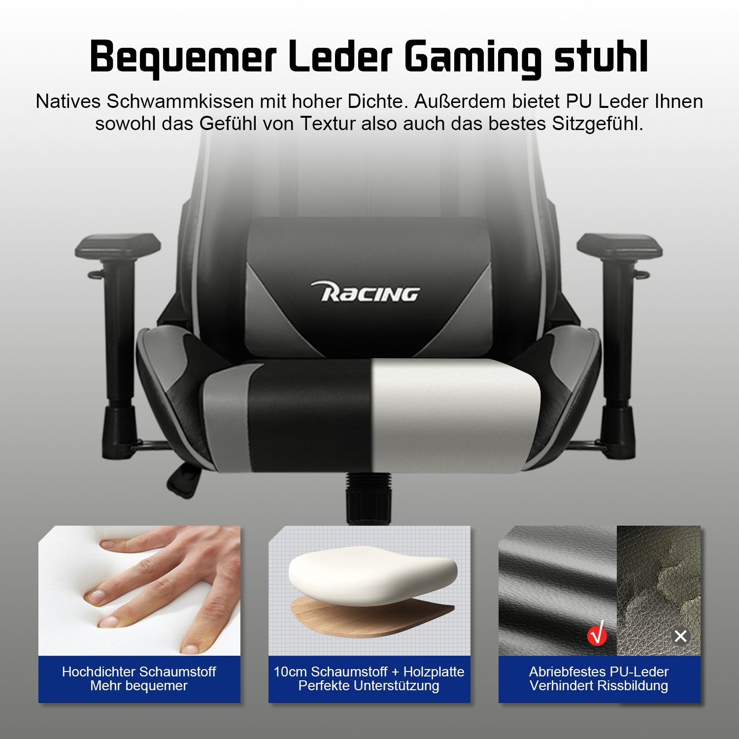Authmic Gaming-Stuhl Gaming Stuhl, Bürostuhl (Ergonomischer Schreibtischstuhl (mit verstellbare Kopfstütze und Lendenwirbelstütze, Computerstuhl mit Lendenkissen,Gamer Stuhl Wippfunktion 90°-165°, PC Gamer Racing Stuhl bis 150kg)