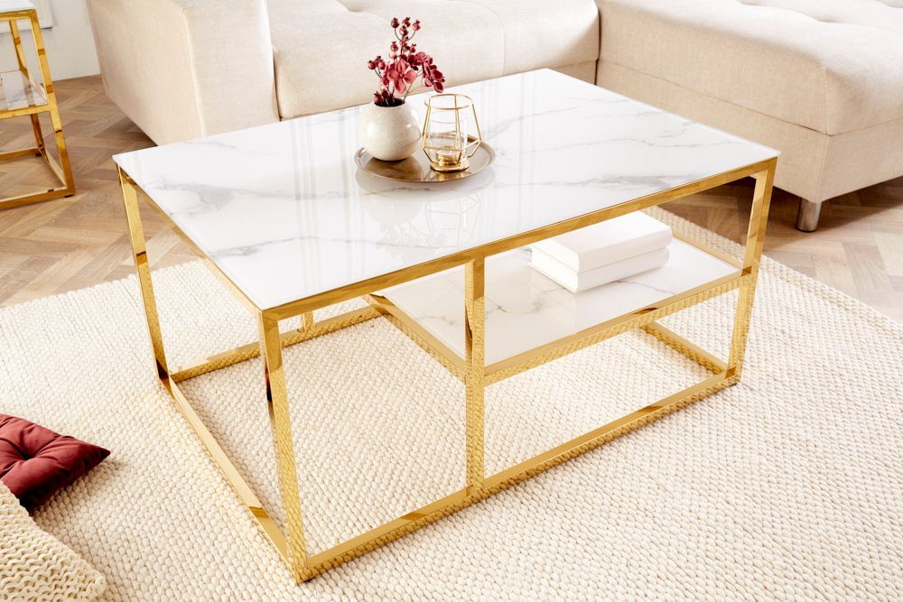 riess-ambiente Couchtisch BOUTIQUE 90cm weiß / gold (Einzelartikel, 1-St), Wohnzimmer · Kristallglas · Metall · eckig · Marmor-Dekor · Barock