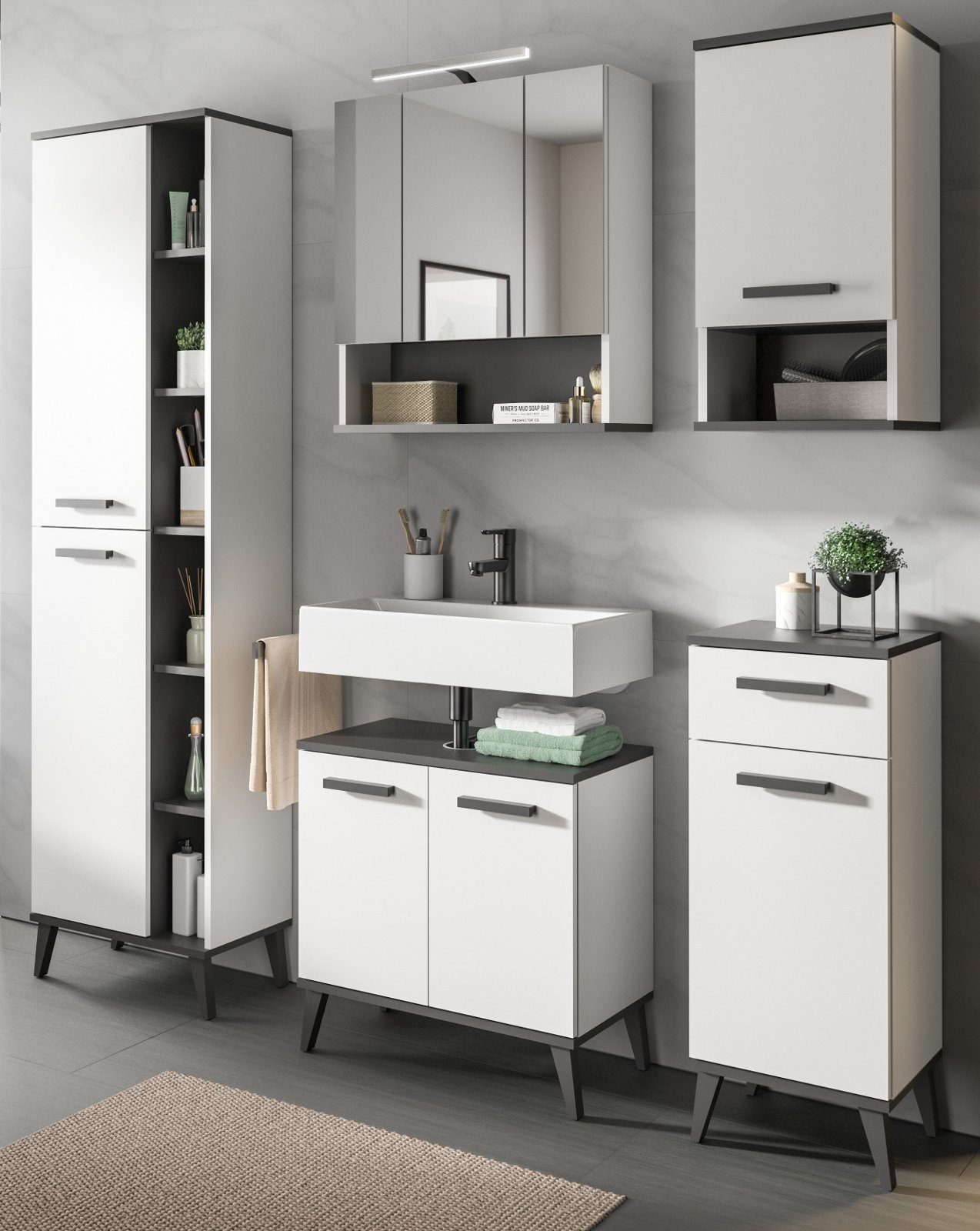 xonox.home Badkommode Rocket (Badschrank in weiß mit Anthrazit grau, 34 x 86), mit Schublade