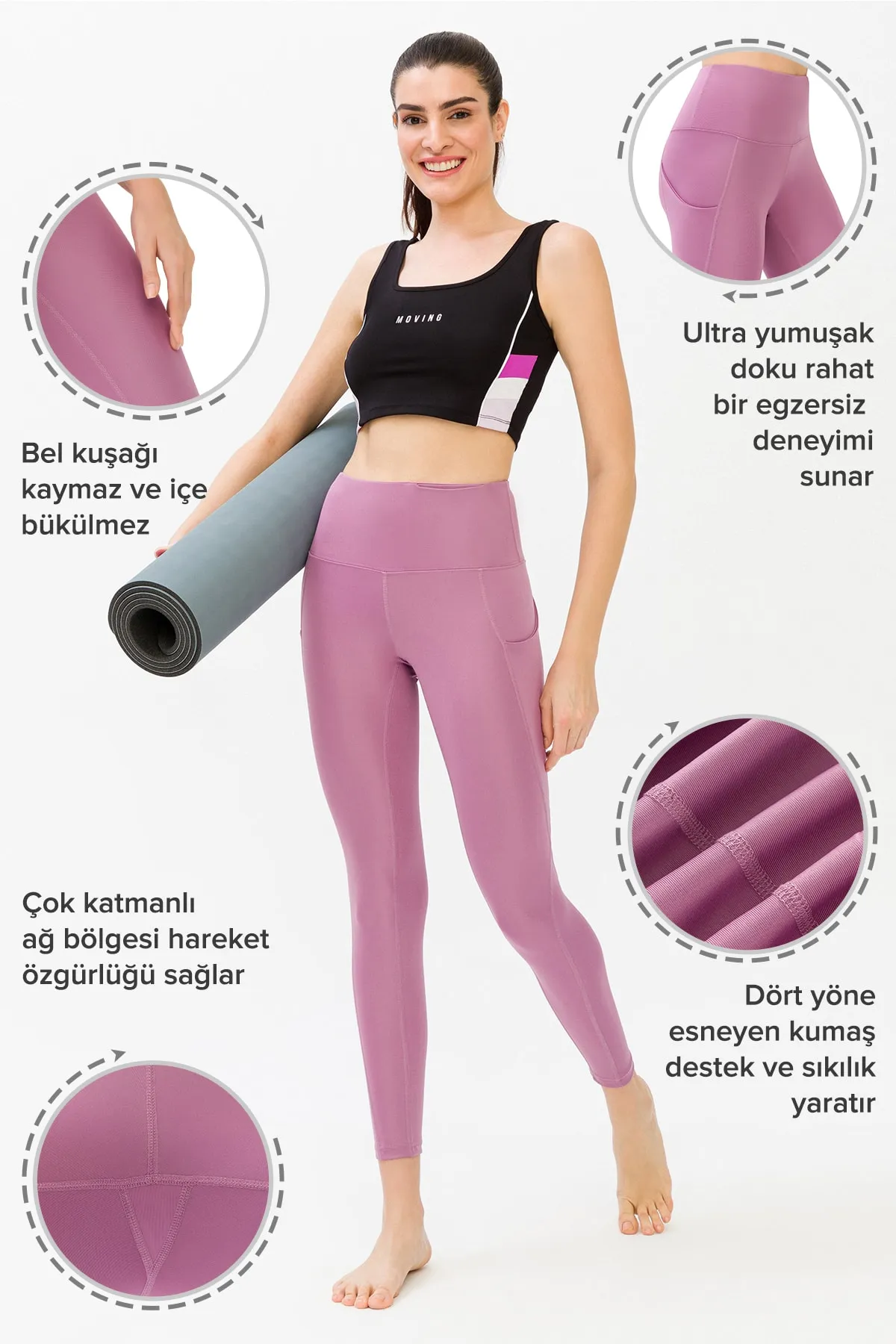 LOS OJOS  Lavendelfarbene Damen-Sportleggings mit hoher Taille und doppelter Tasche
