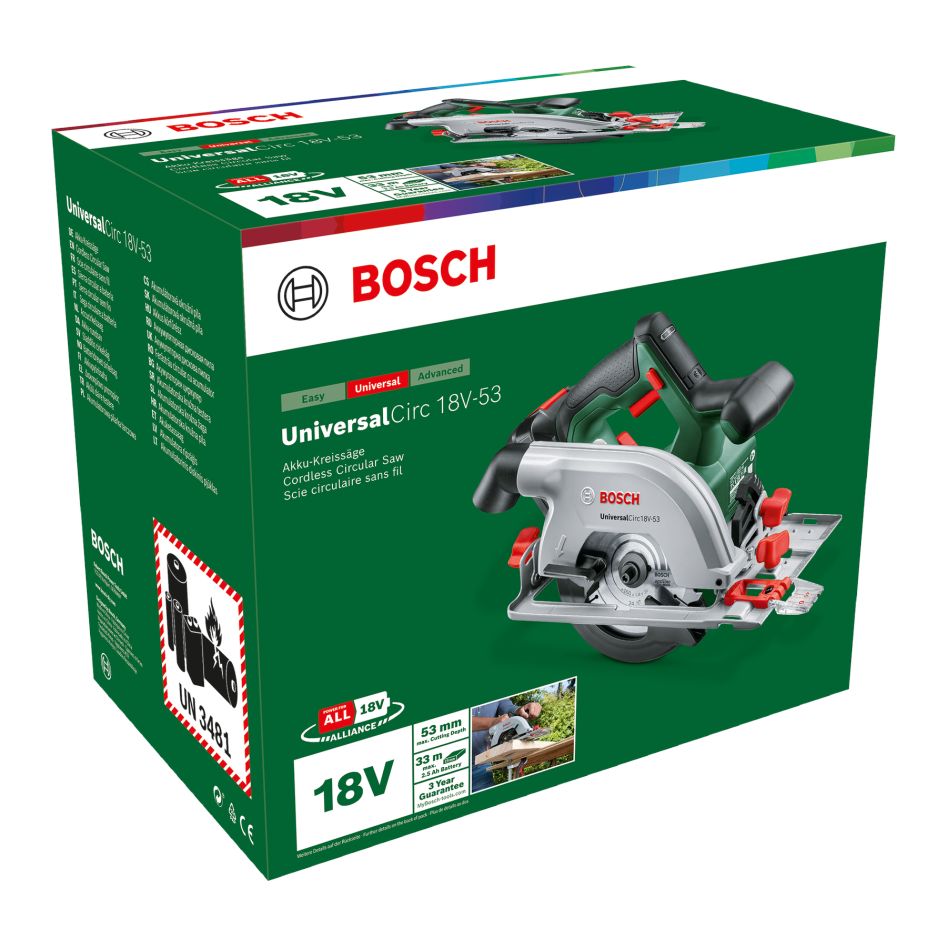 Bosch Green 06033B1402 UniversalCirc 18V-53 akumuliatorinis diskinis pjūklas, 1 x 2,5 Ah ir įkroviklis AL 18V-20 dėžutėje