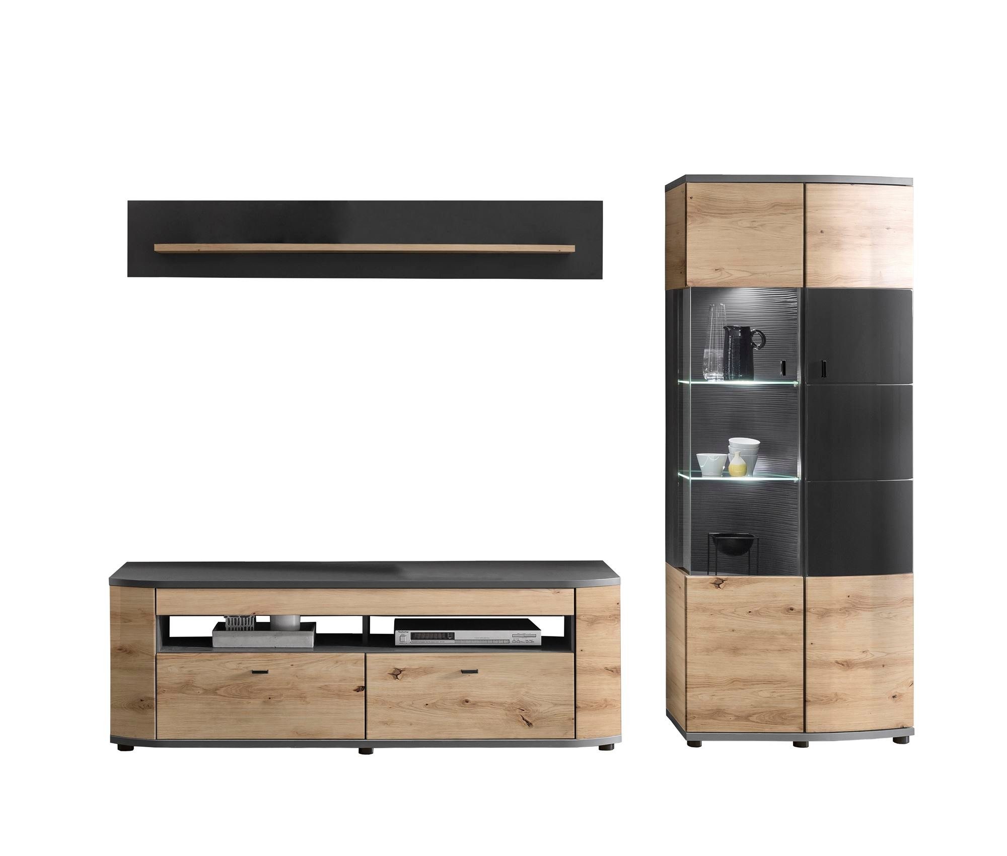 58 aufm Kessel Wohnwand Wohnkombination Jacinthe 235x171x46 Eiche/Anthrazit/Anthrazit HG 10181, (Komplettset, 3-St), Türen mit Selbsteinzug und Dämpfung