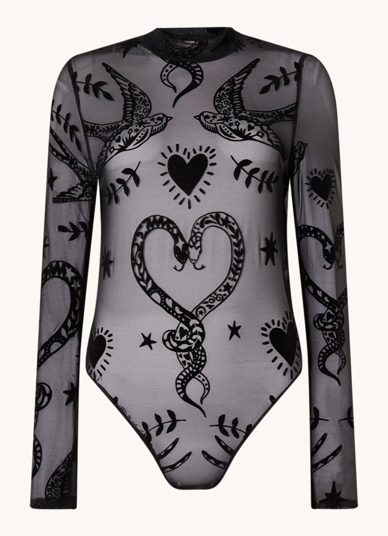 Never Fully Dressed Semi-transparent mesh body with flock print
