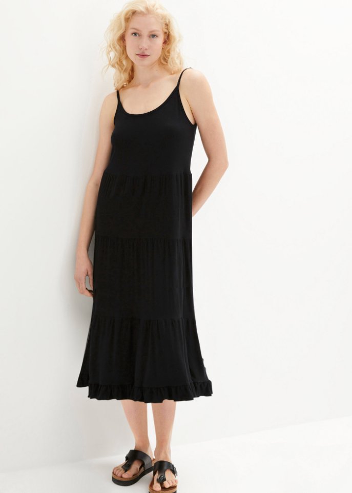 Shirtkleid mit Volants und verstellbaren Spaghetti-Trägern in Midi-Länge, A-Line