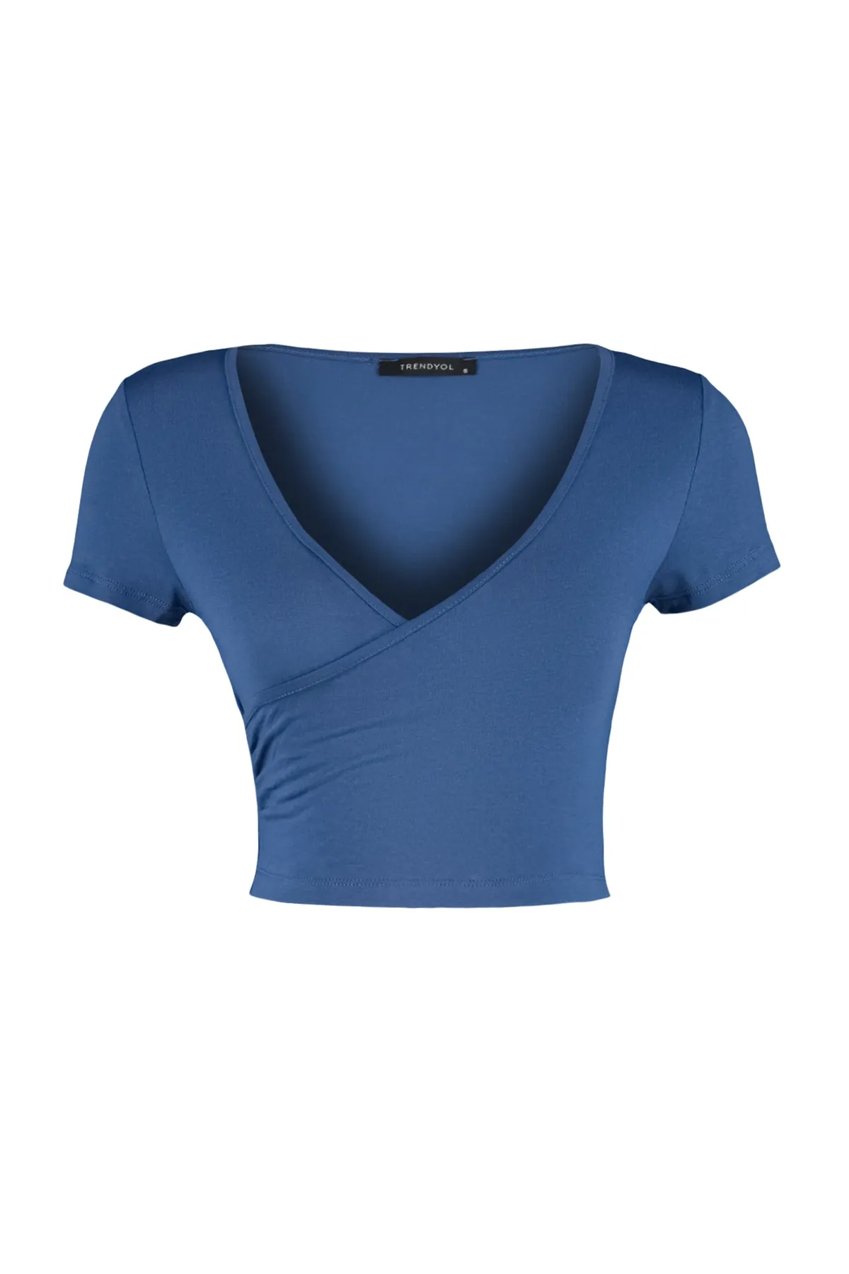 Trendyol Collection  Blaue, taillierte, zweireihige, bauchfreie Viskose-Strickbluse mit Halsausschnitt TWOSS22BZ0536