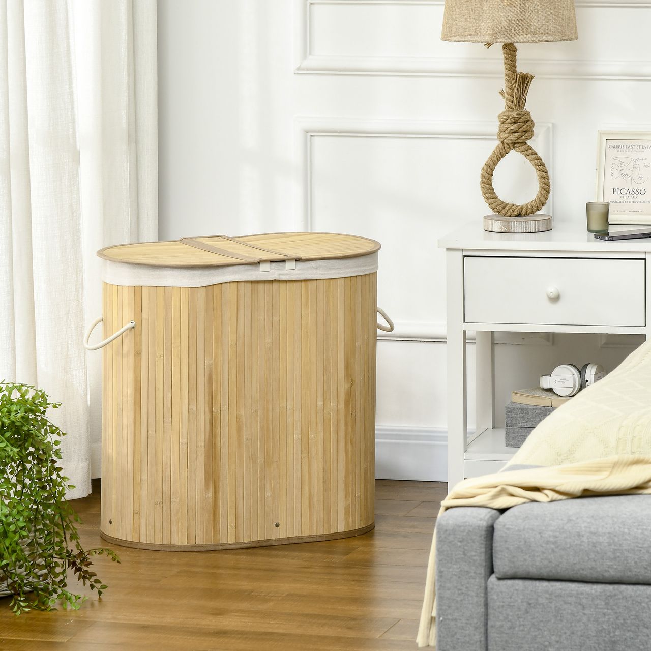 HOMCOM Wäschekorb 100L Wäschebox mit Deckel, Griff, 2 Abschnitten Bambus Natur