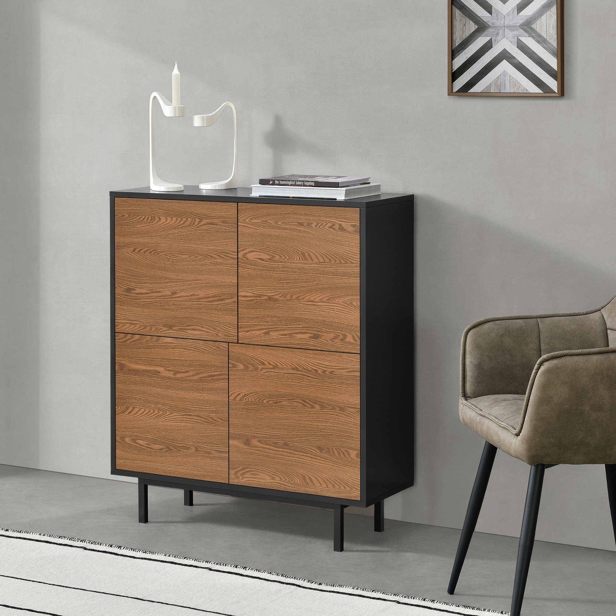 en.casa Beistellschrank Gnosjö Kommode 4 Türen Push-to-open-Technik Schwarz/Dunkler Holzton