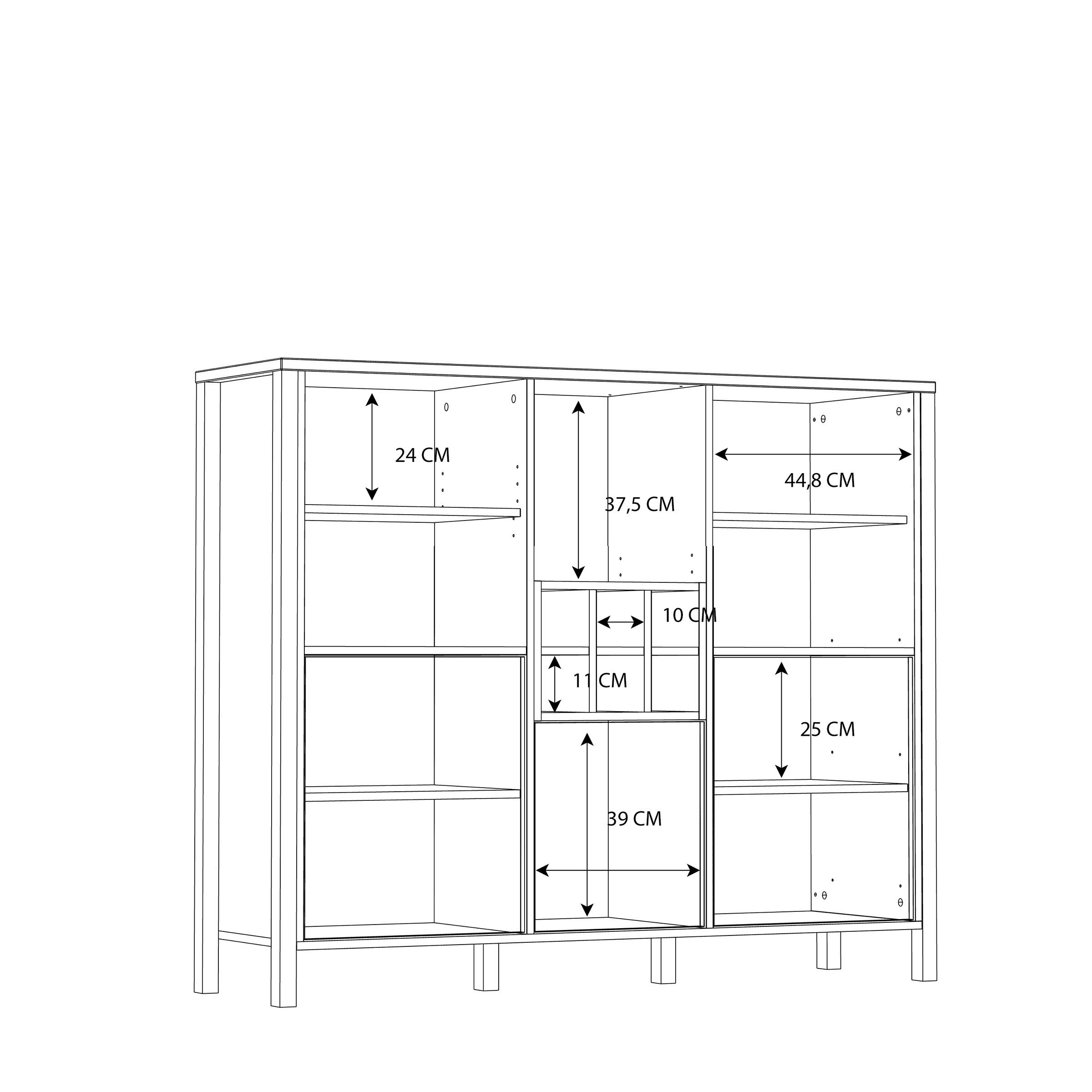 möbelando Barschrank Hialeah Barschrank im Industrial-Design aus Spanplatte in Riviera Eiche Nachbildung, Gestell in Schwarz mit 3 Holztüren, 4 Einlegeböden, 6 Flaschenfächern und 5 offenen Fächern. Breite 139,4 cm, Höhe 117,1 cm, Tiefe 40,2 cm