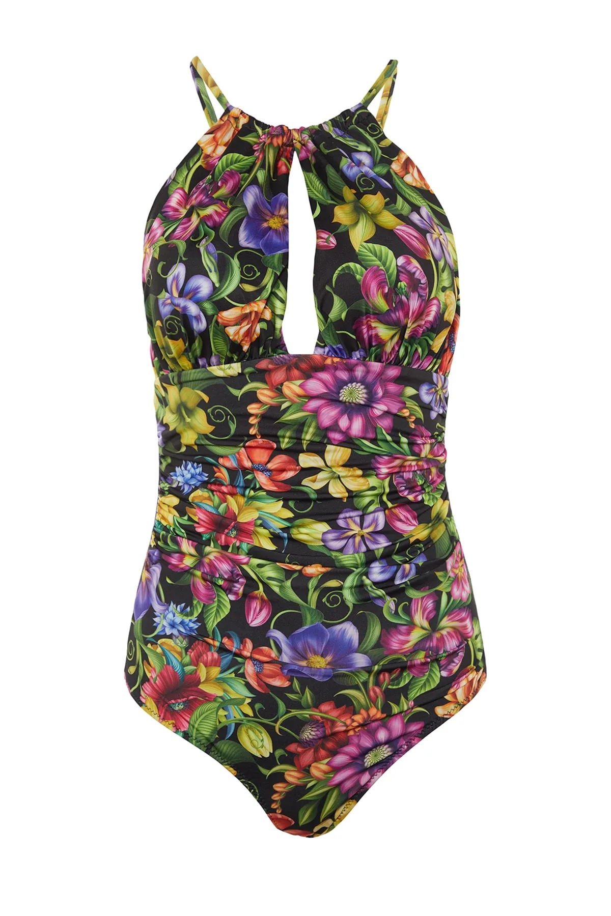 Trendyol Collection  Badeanzug mit Neckholderkragen, hohem Beinausschnitt und Blumenmuster, drapiert TBESS23MA00093