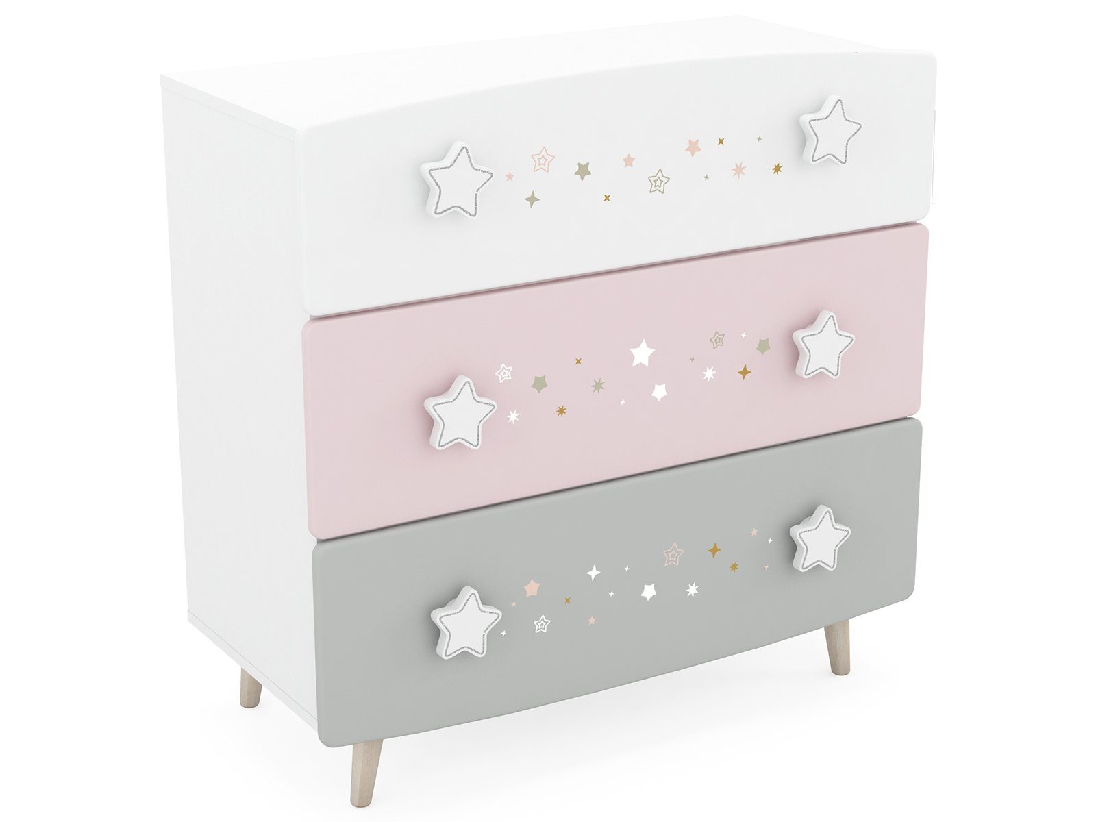 möbelando Jugendzimmer-Set Savannah, (4-St), Modernes Kinderzimmer in Pastellfarben (Weiß/Grau/Rosa), Korpus aus Spanplatte, Front aus MDF bestehend aus 1 Kleiderschrank, 1 Schubladenkommode, 1 Bett und 1 Nachttisch. Individuelle Stellmöglichkeit