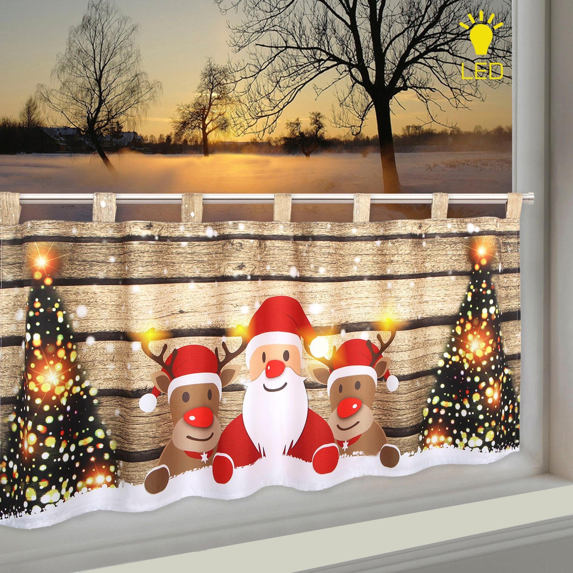 Scheibengardine WEIHNACHTS-TEAM, Delindo Lifestyle, Schlaufen (1 St), blickdicht, Microfaser, HxB: 45x120, mit LED-Beleuchtung
