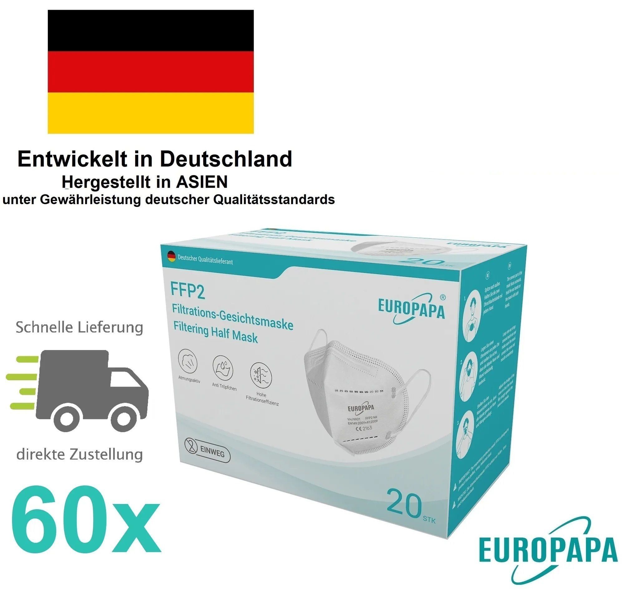 Europapa Gesichtsmaske Atemschutzmasken 5 lagig mit Nasenbügel 60er Pack, DEKRA, nach CE2163, 60-tlg., OP Maske Ohrschlaufe Gesichtsmaske Mundschutz Mundschutzmasken