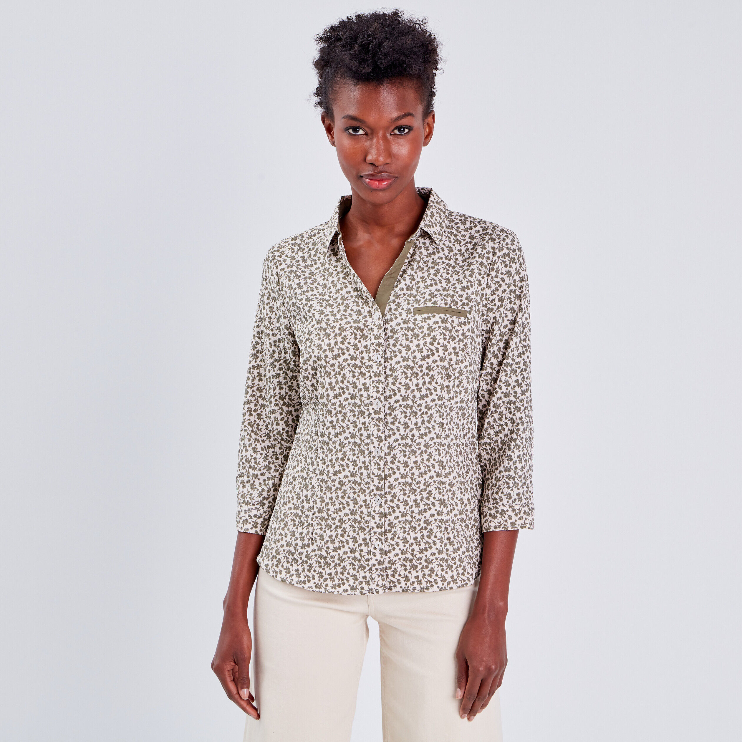 Blouse manches 3/4 vert kaki femme | Cache Cache