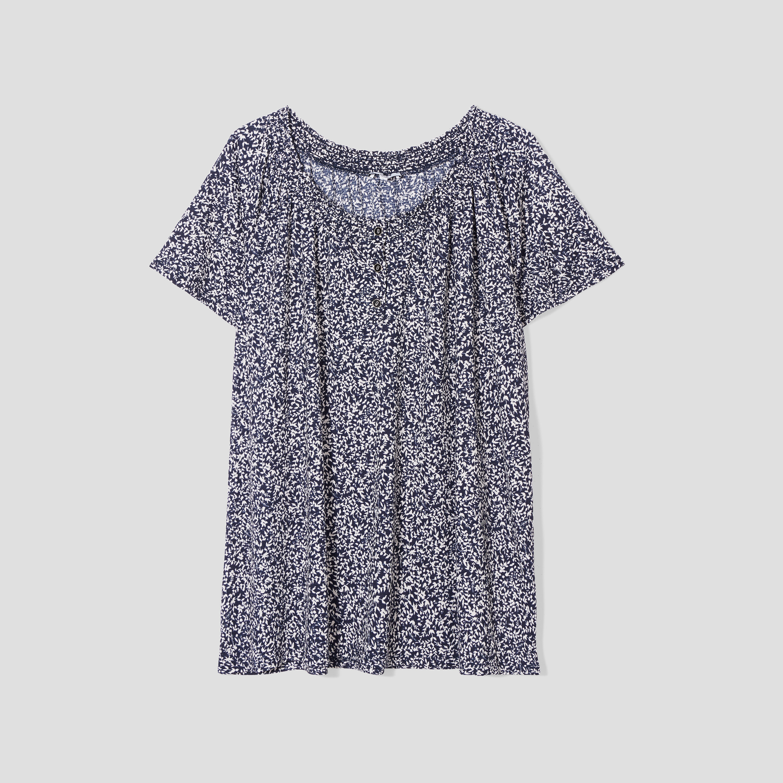 T-shirt col smocké manches courtes bleu marine femme grande taille | La Halle