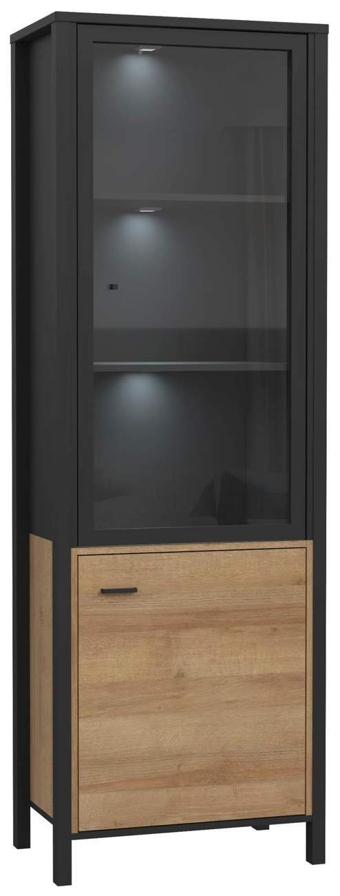 Forte Möbel Wohnwand Wohnwand HIGH ROCK 4-tlg. mit Beleuchtung Riviera Eiche Optik Schwarz, (Komplett-Set, 4-St., Highboard, Lowboard, Wandboard, Vitrine)