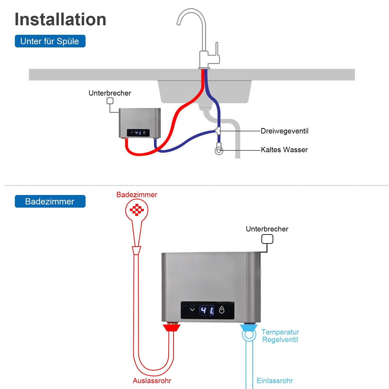TWSOUL Klein-Durchlauferhitzer Intelligenter thermostatischer Inverter-Durchlauferhitzer5500W, 30,00 °C, max 52,00 °C, 360° lochfreie Installation, Nichrome-Drahtheizung
