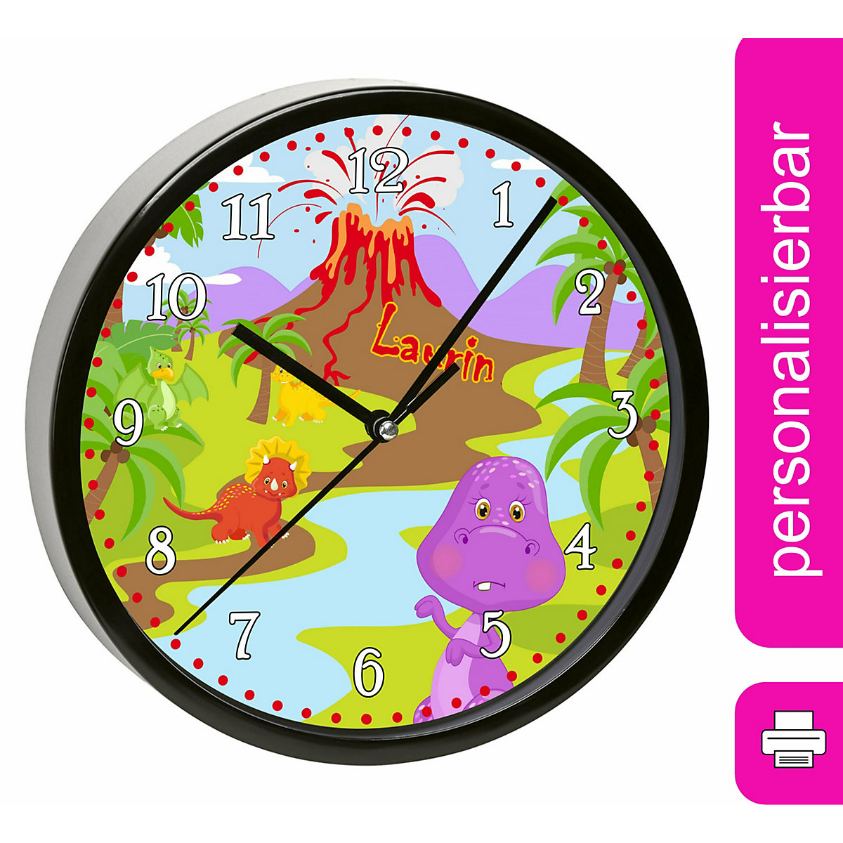 Kinder Wanduhr laufruhig personalisiert mit Name Dino