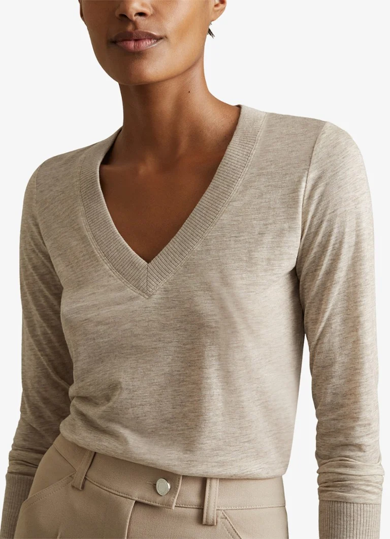 Reiss Evelyn fine knitted top in wool blend with V-neck