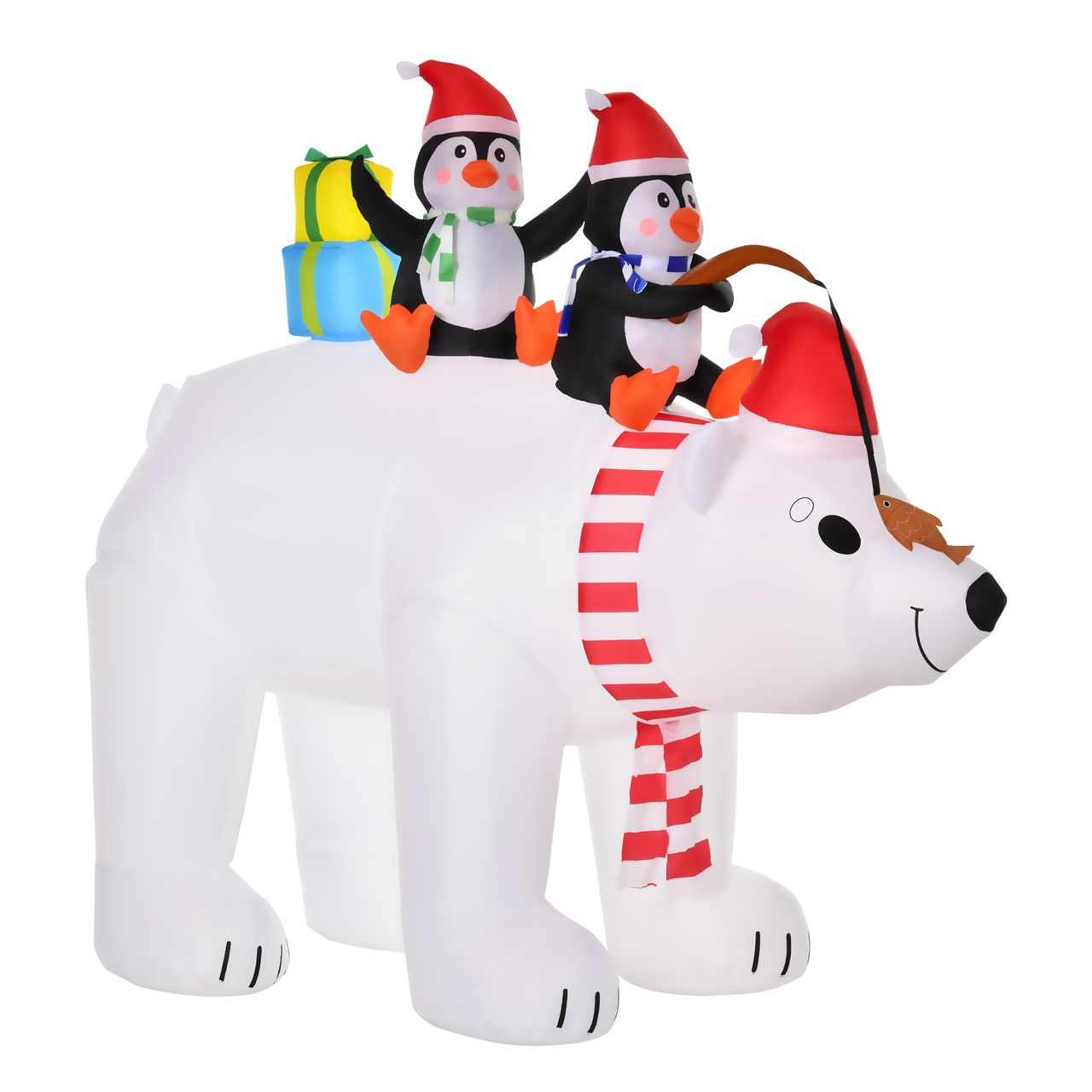 HOMCOM Aufblasbare Pinguine auf Eisbär 2,1 m Weihnachtsdekoration mit Lichtern Aufblasbares Modell Weihnachten Gärten Dekoration automatisches Aufblasen wetterfest Polyester 227 x 113 x 206 cm