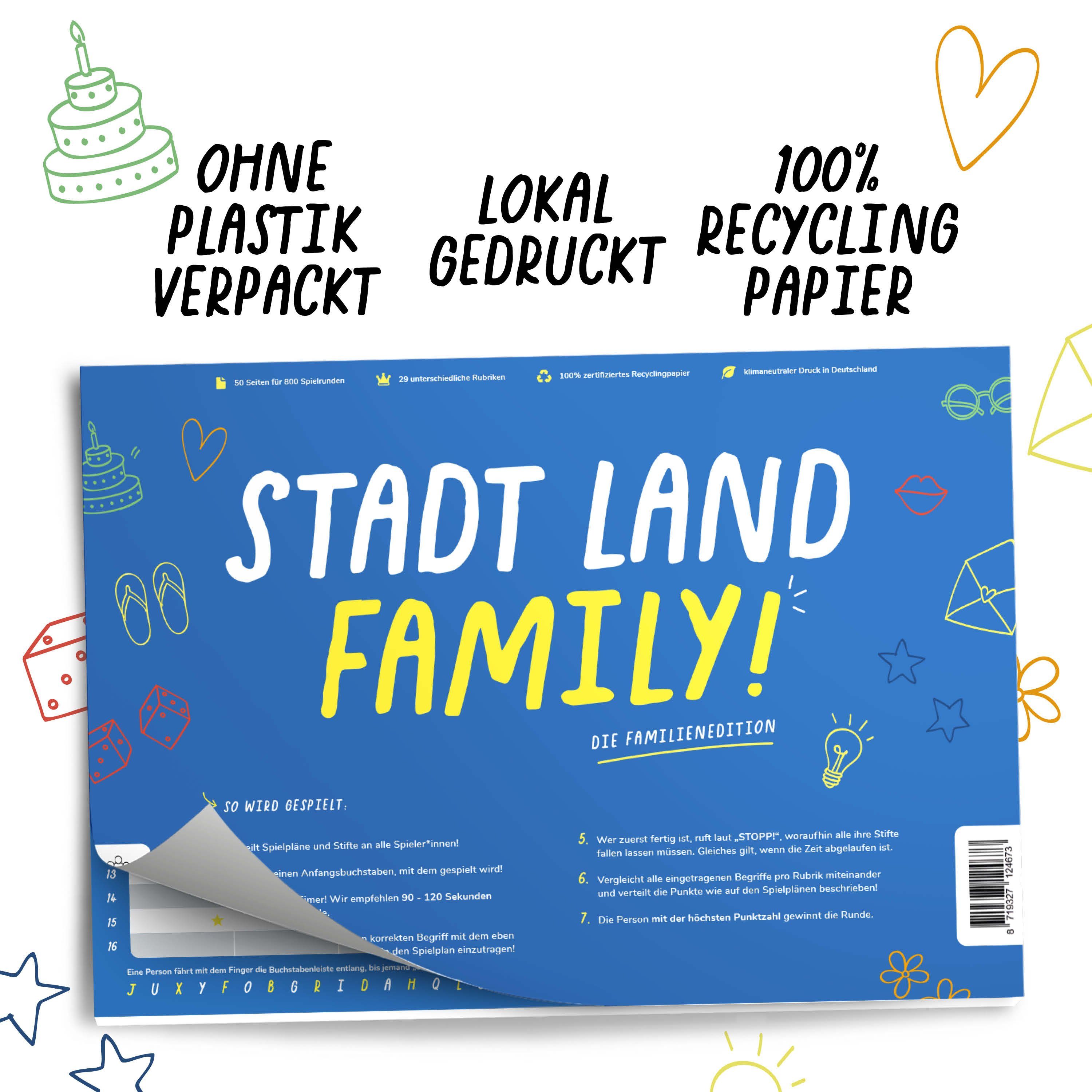 Pihu Spiel, Familienspiel STADT LAND FAMILY, Denkspiel für Familien, Klimaneutral gedruckt, 100% Recyclingpapier