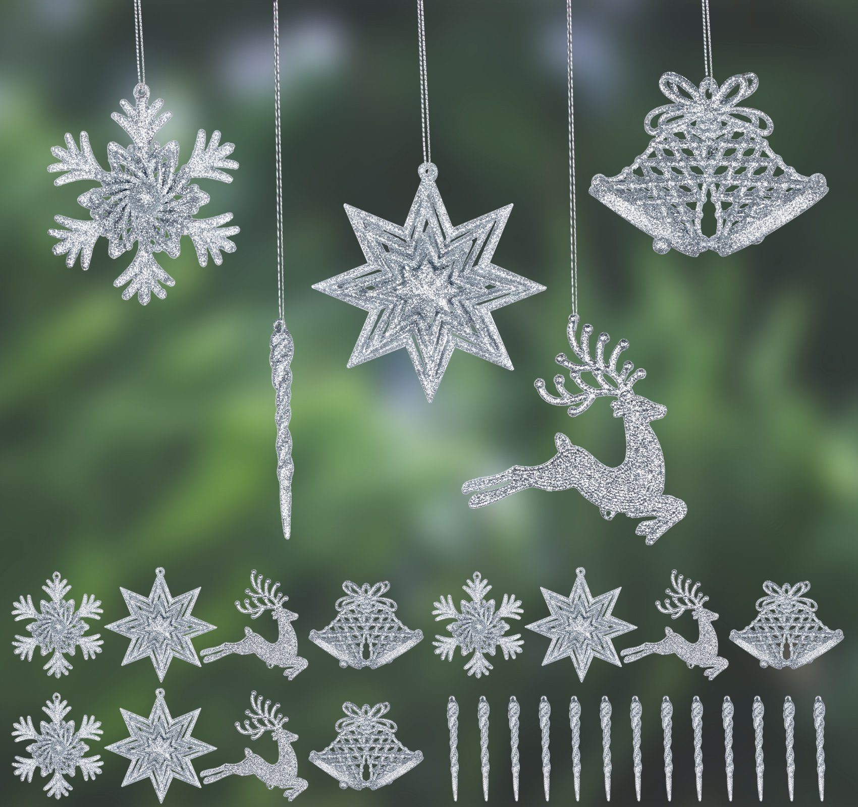 Homewit Christbaumschmuck 3D Glitzer Weihnachtsdekoration für Weihnachtsbaum (24-tlg), Weihnachtsbaumschmuck Weihnachtsbaumanhänger