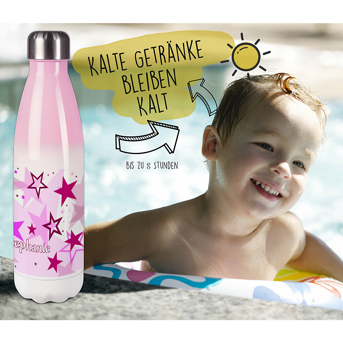 Edelstahl Kinder Thermoflasche / Trinkflasche bunt Sternenhimmel Farbe rosa Spülmaschinenfest, Auslaufsicher, Bruchfest, Doppelwandig, Für Heißgetränke geeignet, Mit Deckel, Isoliert