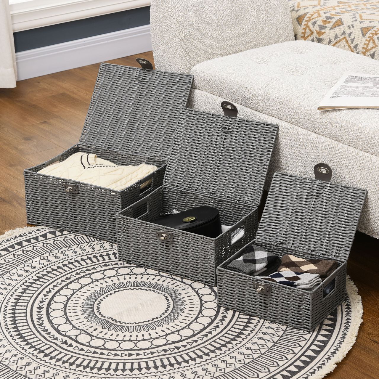 HOMCOM Rattan Aufbewahrungsboxen 3er-Set 18L, 12L, 7L Aufbewahrungskorb
