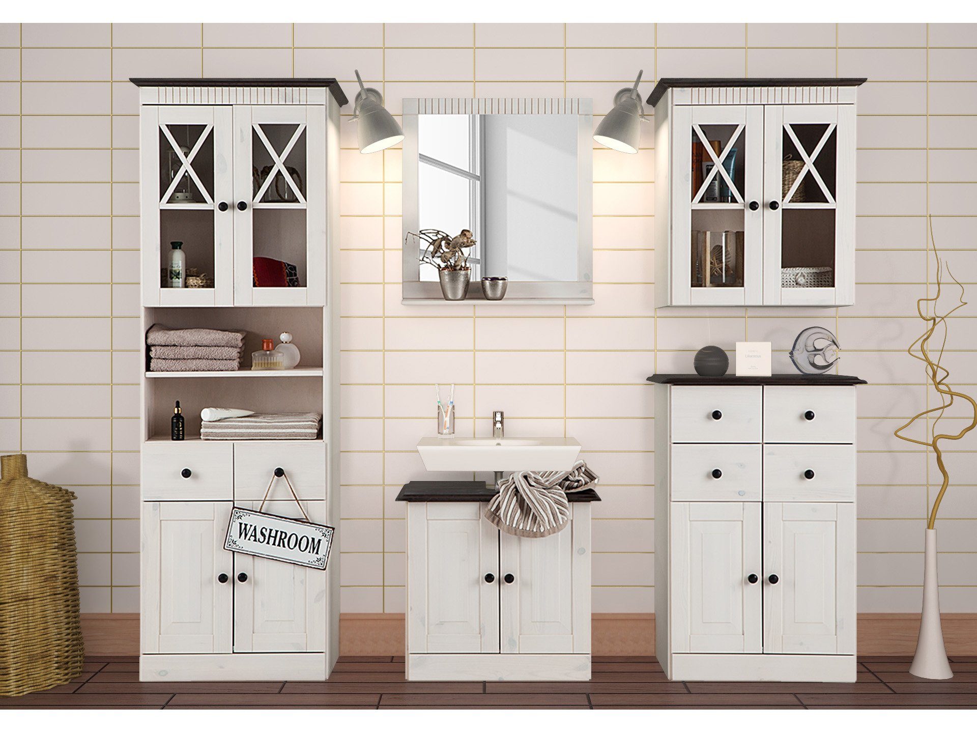 loft24 Badkommode Rico, 2 Türen+4 Schubladen, FSC®-zertifizierte Kiefer im Landhausstil