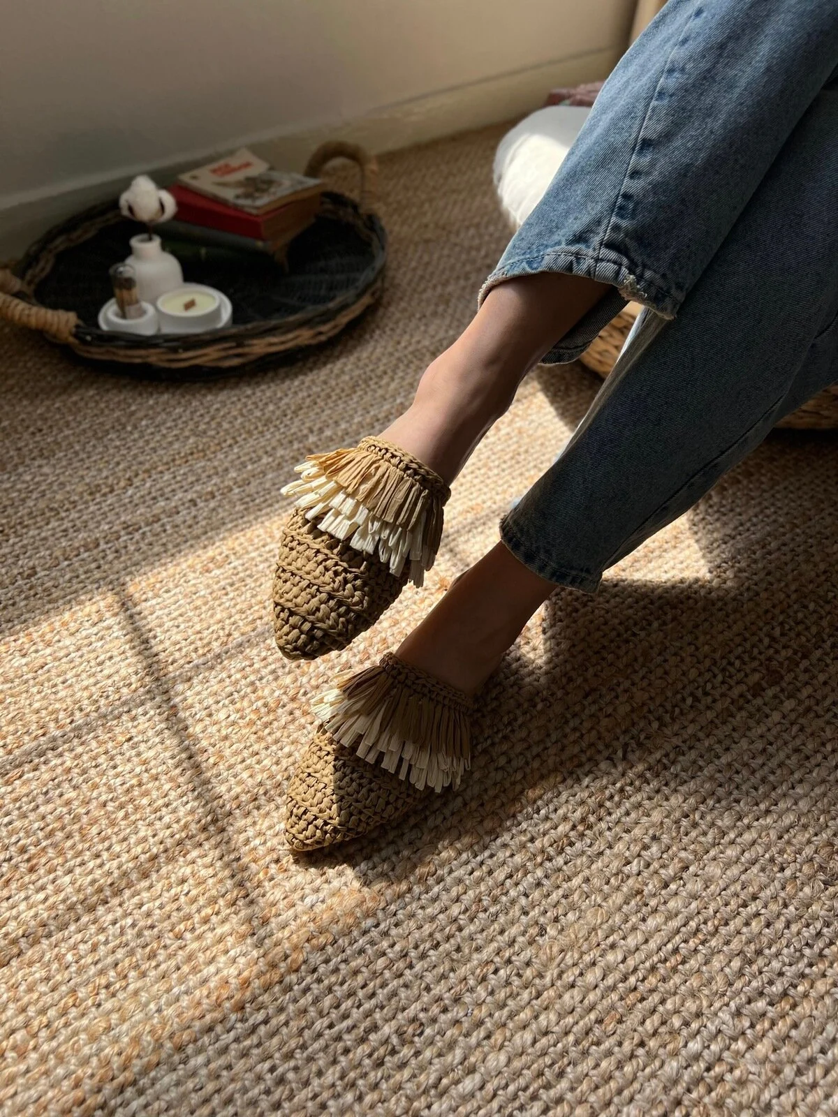 NİŞANTAŞI SHOES  Viana Brown Gestrickte Damenhausschuhe in Tan Beige mit Quasten und Details
