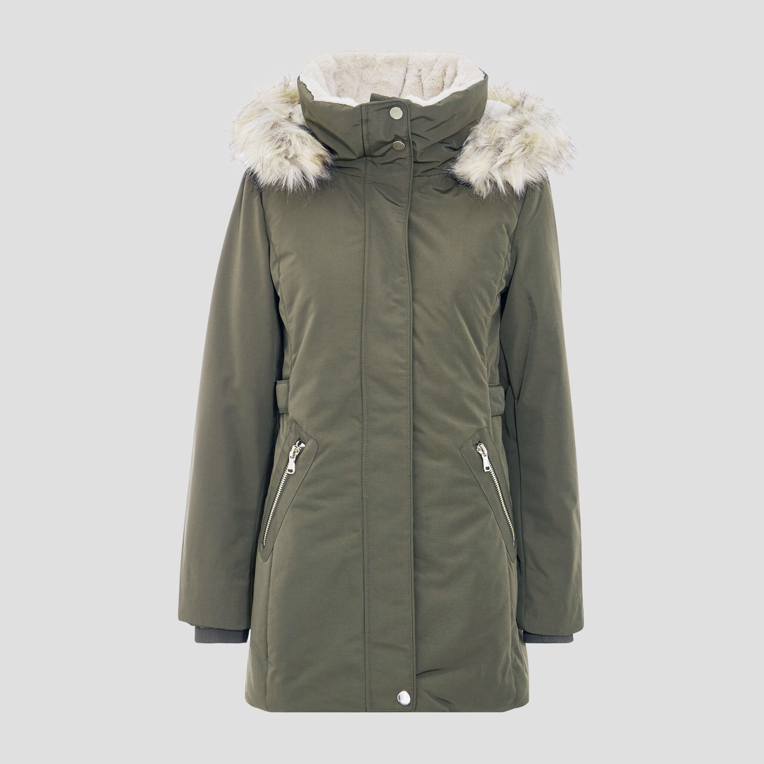 Parka droite avec capuche vert kaki femme | Cache Cache