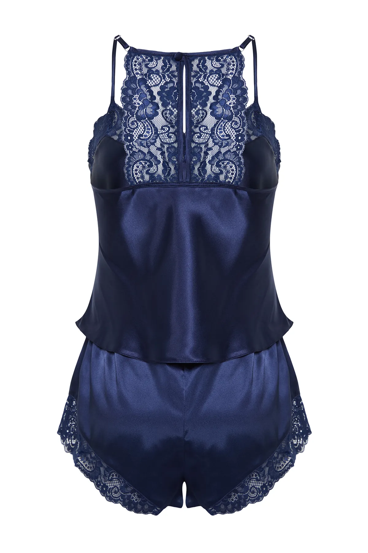 Trendyol Collection  Marineblaues Pyjama-Set aus gewebtem Satin mit Spitzendetails und Seilträgern THMSS22PT0269