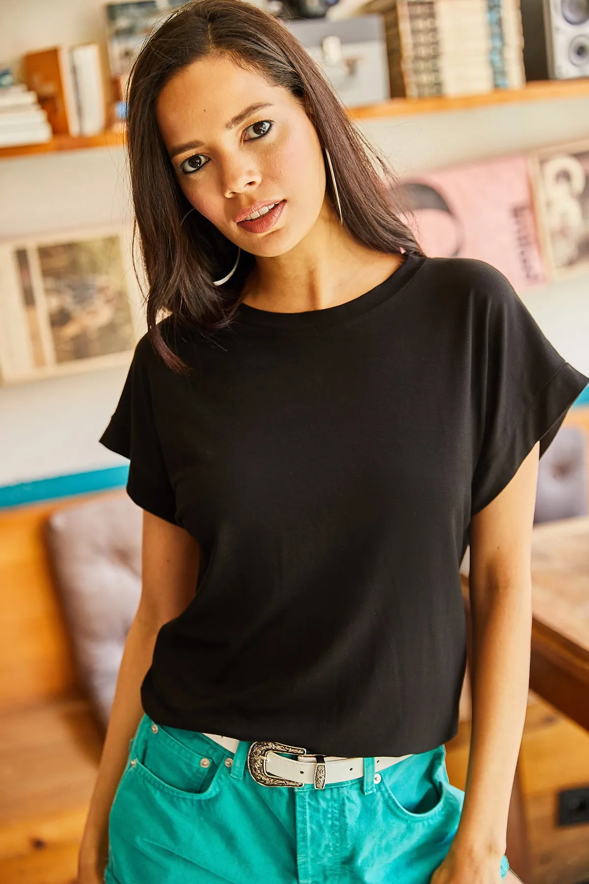 Olalook  Schwarze Fledermaus-Strickbluse aus Viscon für Damen